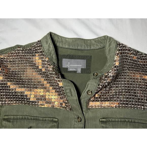Anthropologie Henley Top Women's 10 Green Sequin Button Up Long Sleeve Western - Picture 3 of 7